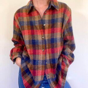 Cozy Rustic & Earthy VTG Plaid Denim Trim Button Up Koret Fall Shacket [size M]
